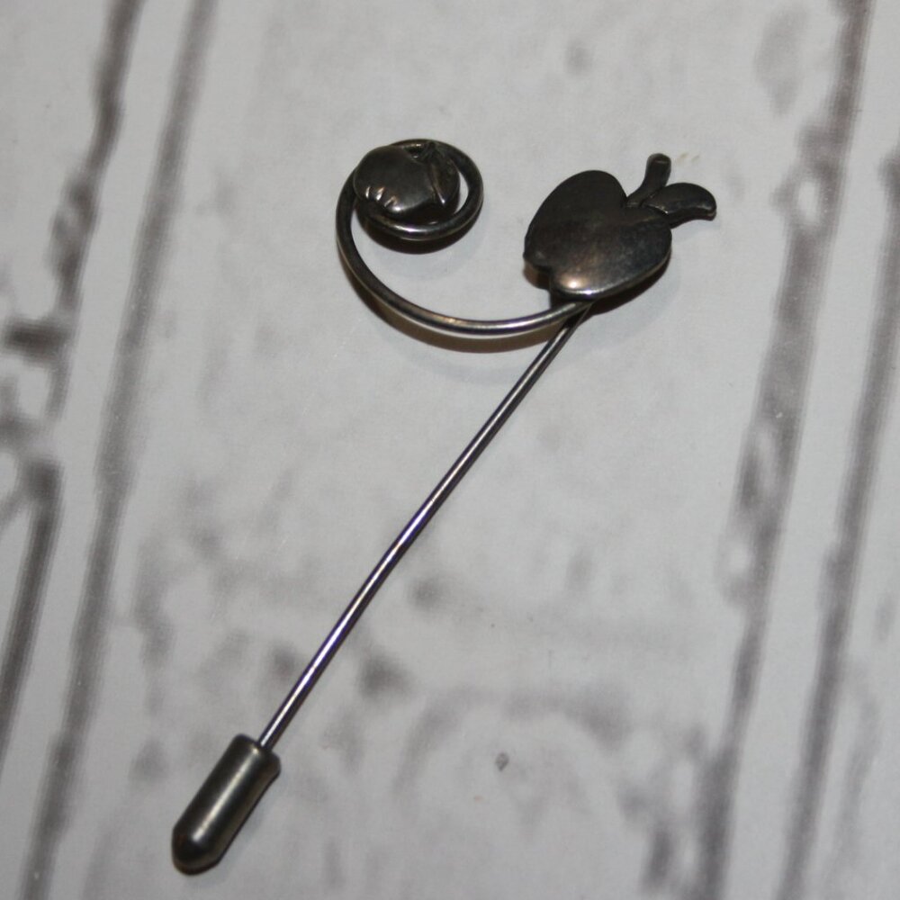 🍎 Vintage Silver Apple Stick Pin · 2.5"